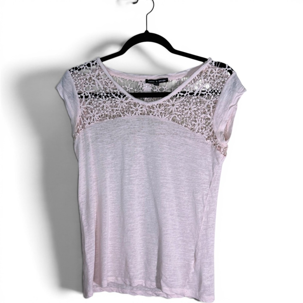 Cable & Gauge Pink Fairycore Linen Blend Crochet Lace Cap Sleeve Top S